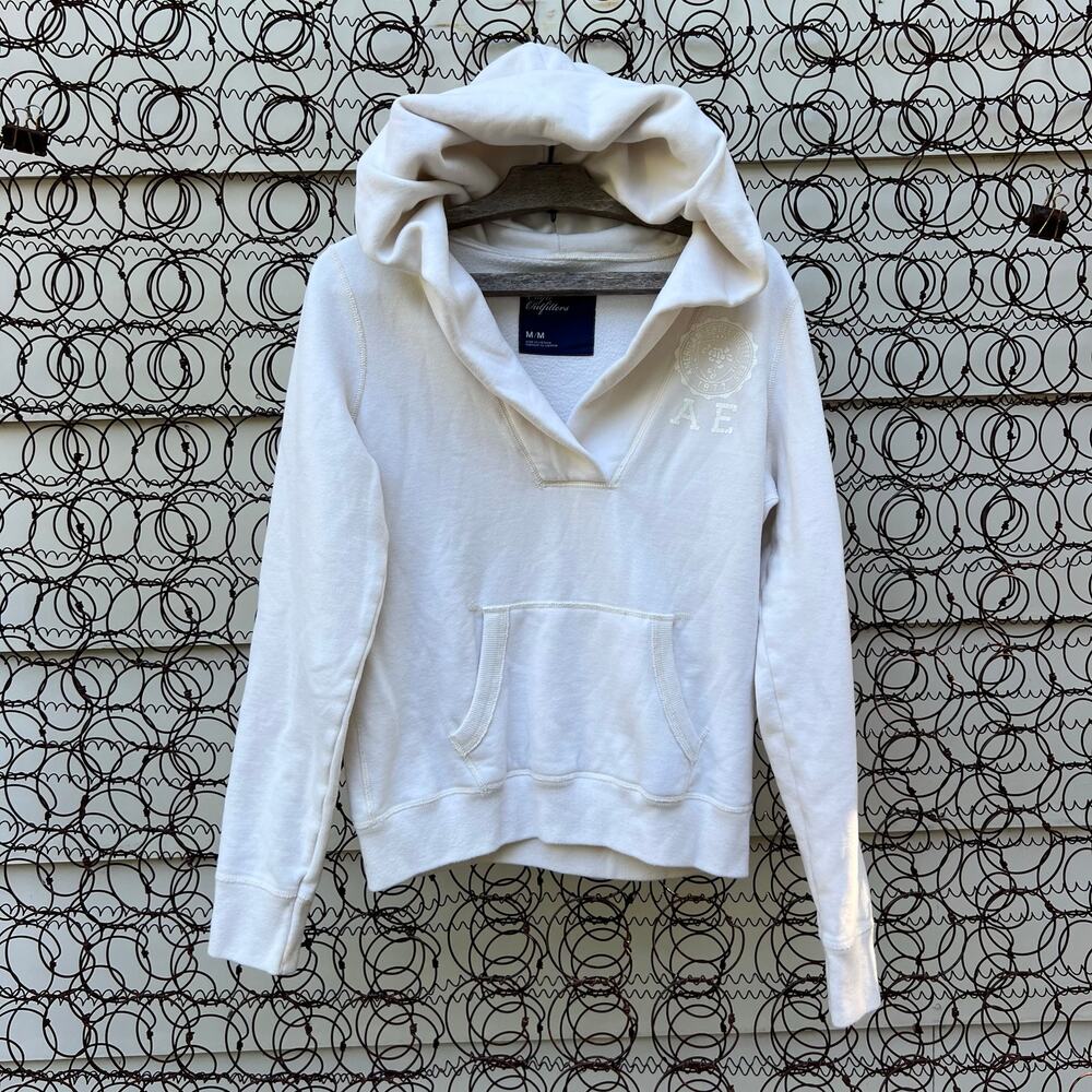 Y2K American Eagle V Neck Cowl Hood Sweatshirt Beige Cream MEDIUM